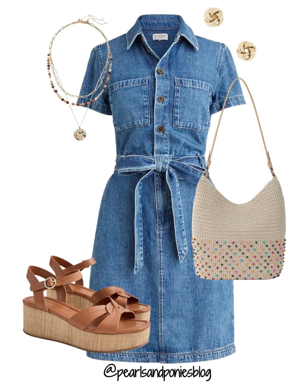 Spring outfit inspiration 🌺 

Cute denim dress with platform sandals and fun accessories! 

#LTKOver40