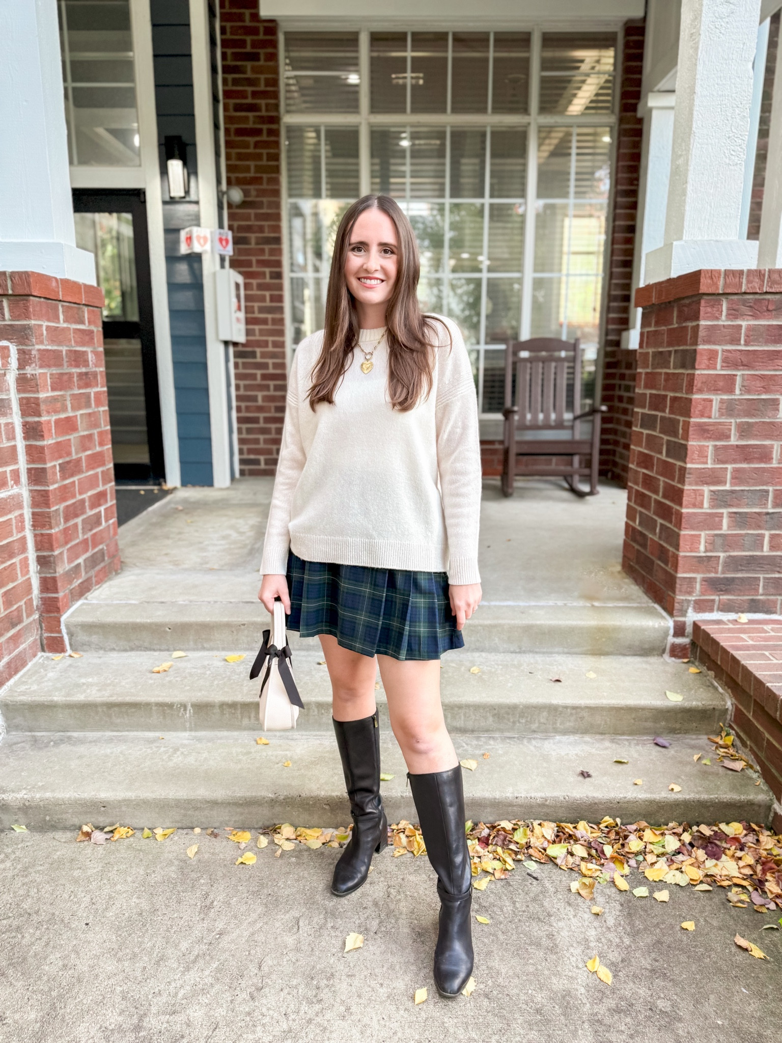 Thanksgiving outfit, fall outfit, winter outfit, fall fashion, fall style, winter fashion, winter style, holiday style, mango plaid pleated mini skirt, j. Crew wool cream sweater, brinker and Eliza the best is yet to come heart pendant necklace, naturalizer boots, coach ergo bow bag, feminine, under $100, grand millennial, thanksgiving 

#LTKFindsUnder100 #LTKHoliday #LTKCyberWeek