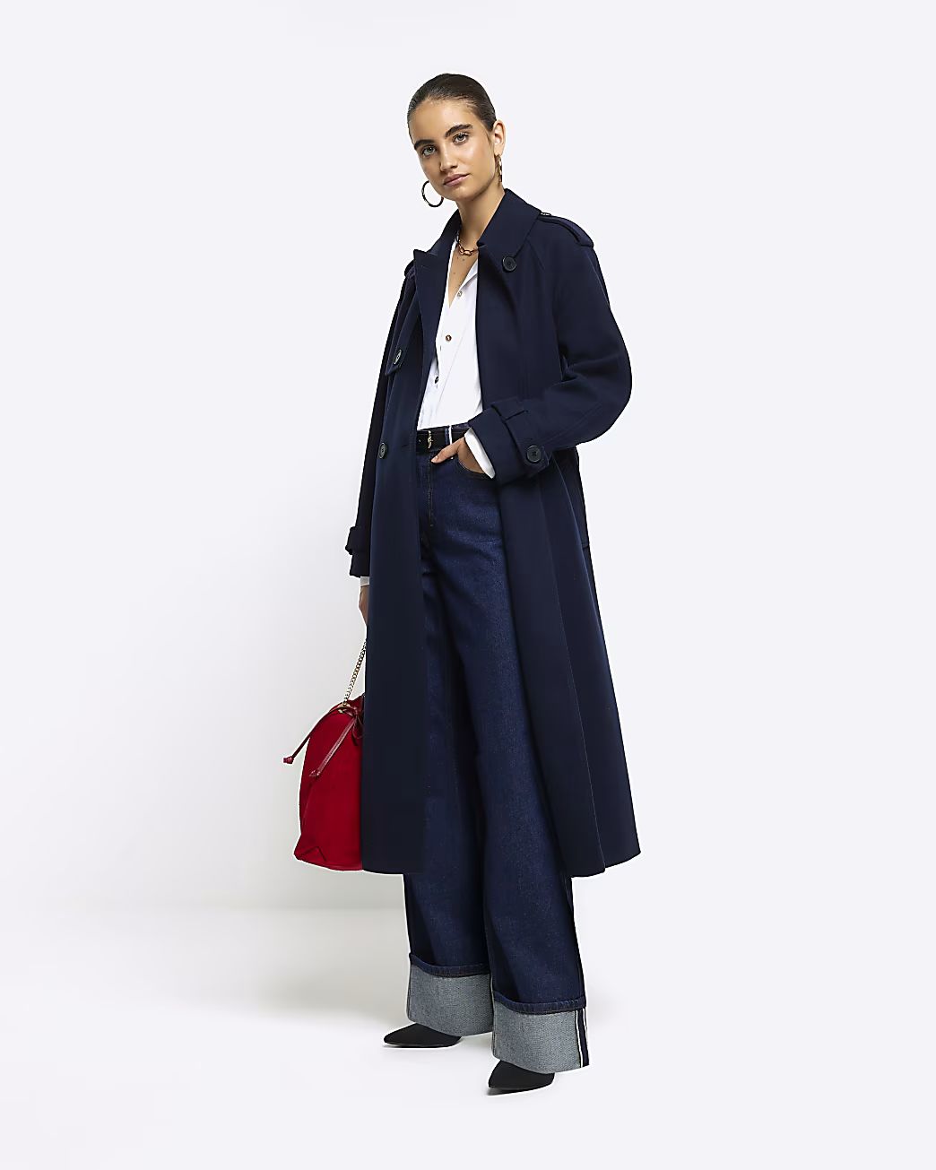 Navy belted longline trench coat | River Island (UK & IE)