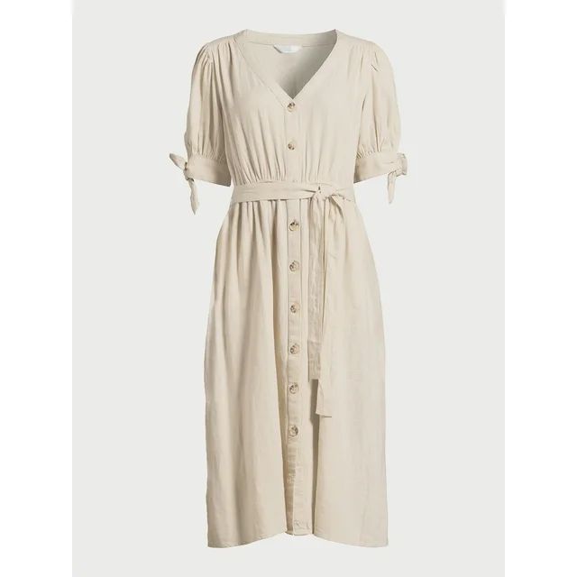 Time and Tru Women’s Tie Sleeve Linen Blend Midi Dress, Sizes XS-XXXL - Walmart.com | Walmart (US)