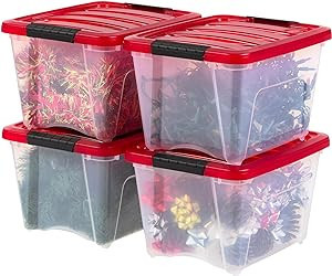 IRIS USA 19 Quart Stackable Plastic Holiday Storage Bins with Lids and Latching Buckles, 4 Pack -... | Amazon (US)