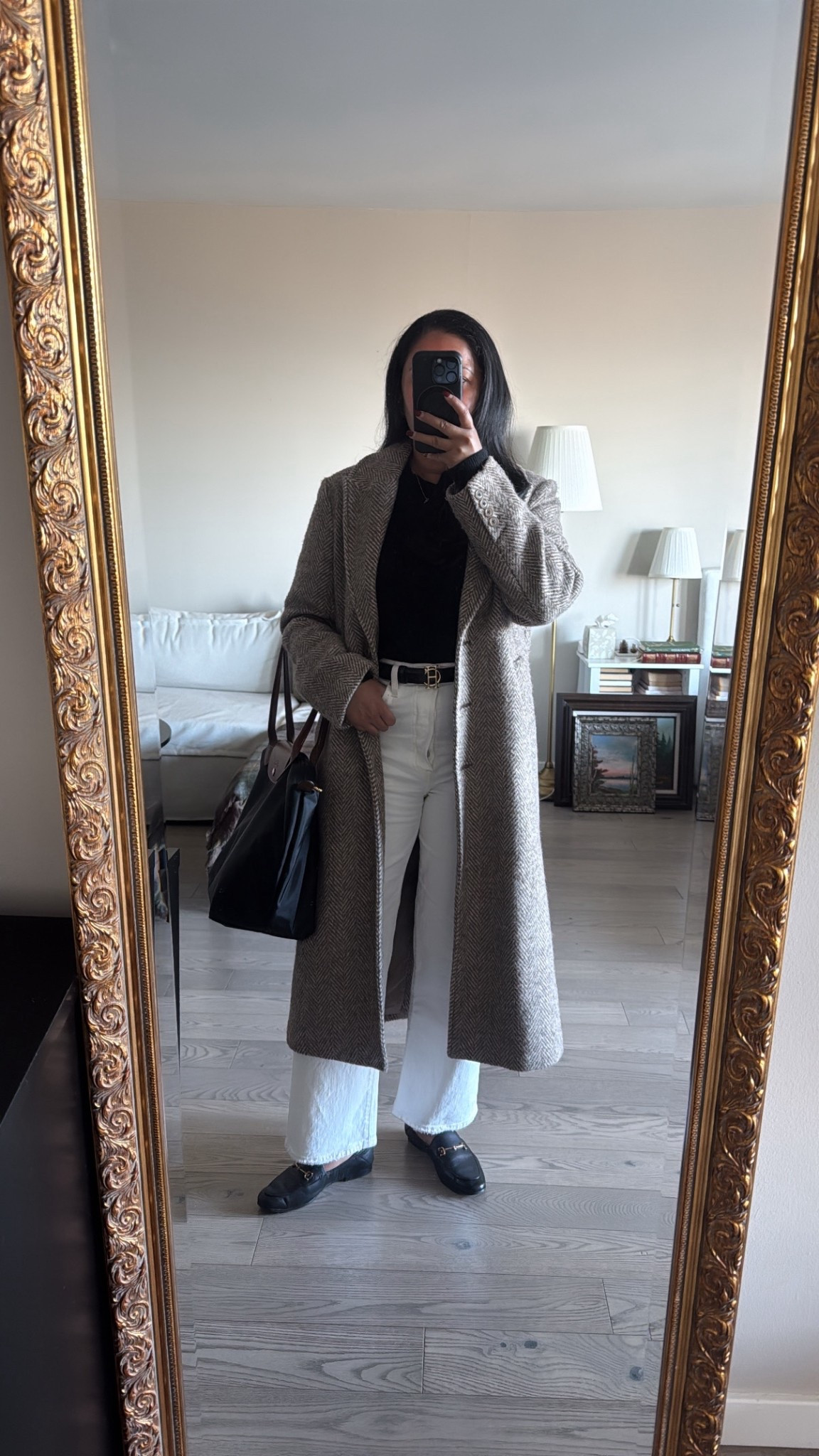 Spring office attire in black cashmere knit, white denim, and herringbone coat. 

#LTKootd #LTKWorkwear #LTKPetite