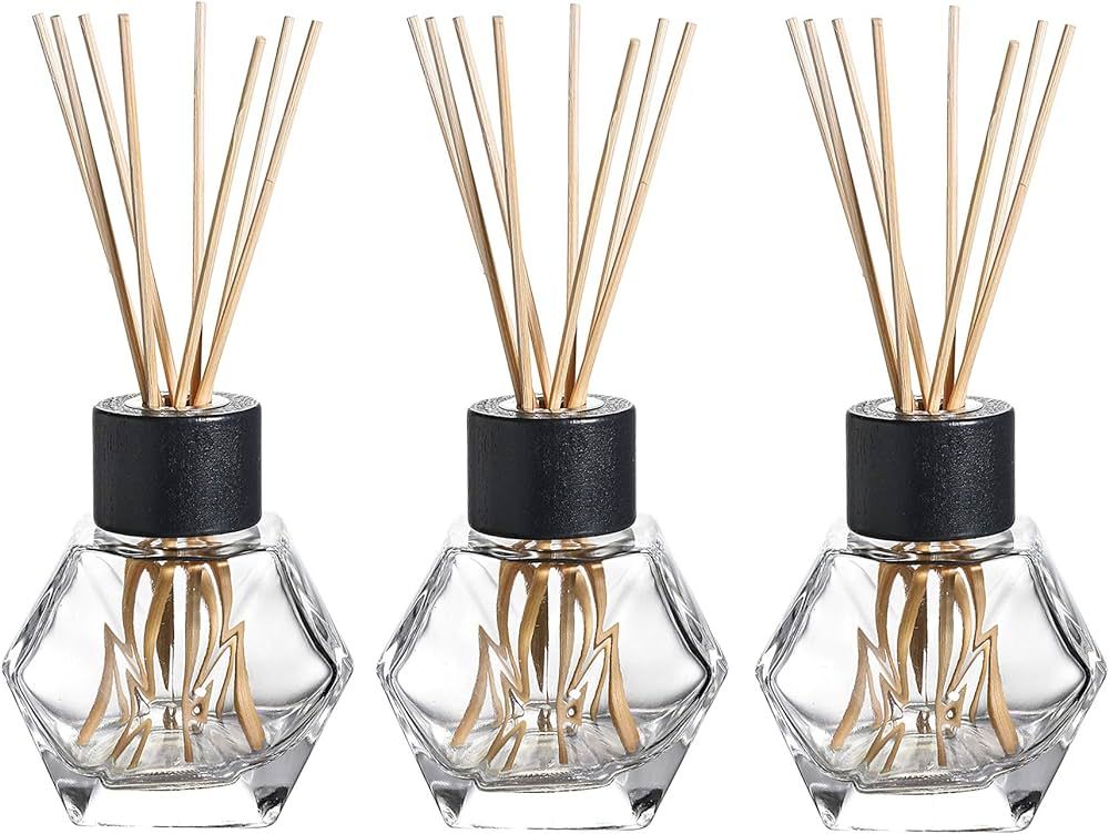 KMwares 3PC Set 7oz Clear Glass Reed Oil Refillable Diffuser Bottles with Black Caps and 24PC Nat... | Amazon (US)