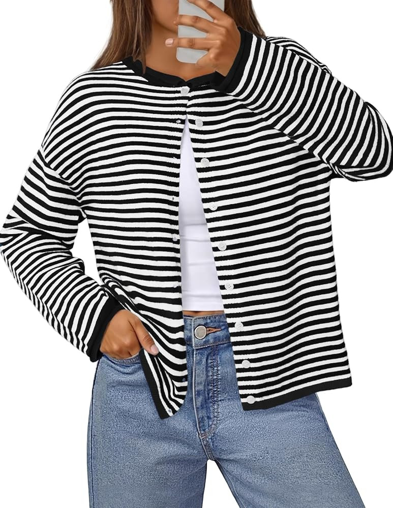 MEROKEETY Womens Striped Cardigan Sweaters 2026 Button Lightweight Long Sleeve Loose Knit Fall Sw... | Amazon (US)