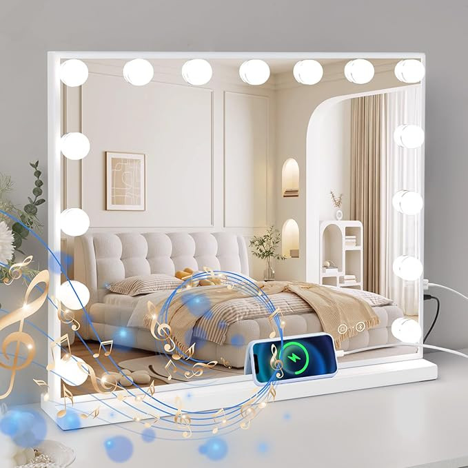 Vanity Mirror with Lights and Speaker Large Hollywood Vanity Mirror with 15 LED Bulbs and Smart T... | Amazon (US)
