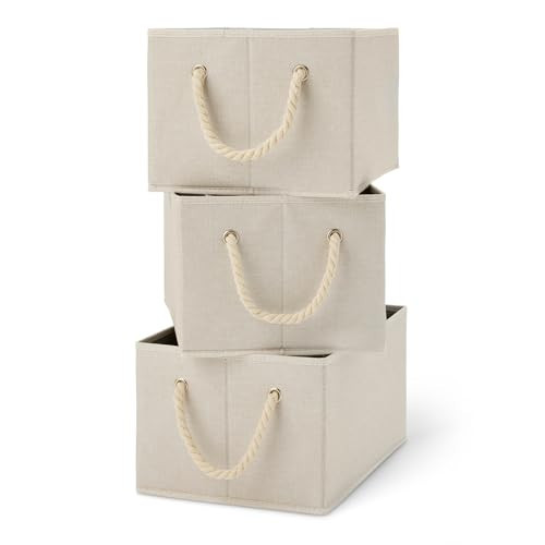 Amazon Basics Foldable Storage Bins with Rope Handles, Closet Organizers, Large, Linen, 3-Pack | Amazon (US)