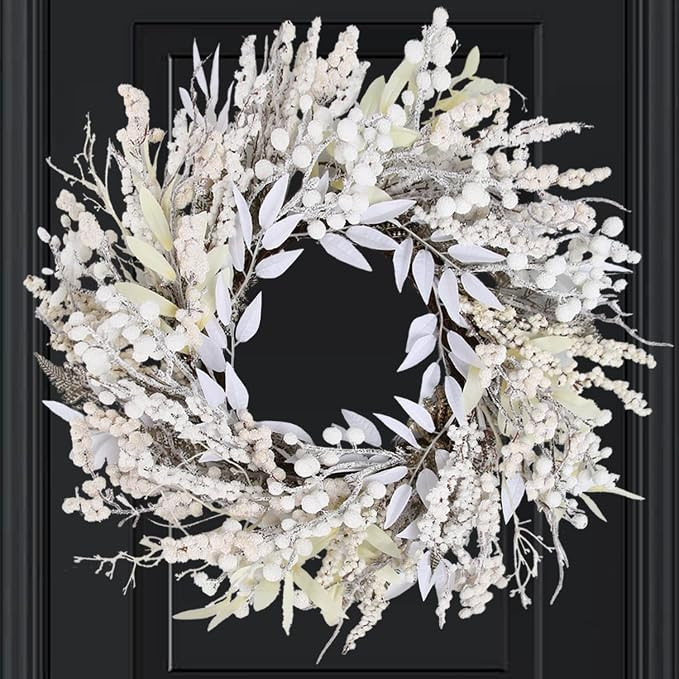 20" Christmas Wreaths for Front Door, White Berries Leaves Winter Xmas Wreath Outdoor Holiday Dec... | Amazon (US)