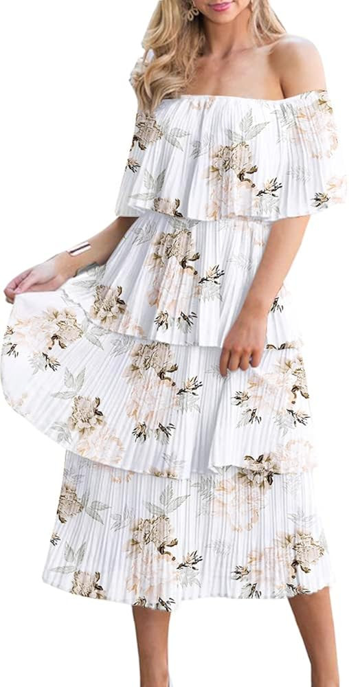 ETCYY Women's Off The Shoulder Ruffles Summer Loose Casual Chiffon Long Party Beach Maxi Dress ... | Amazon (US)