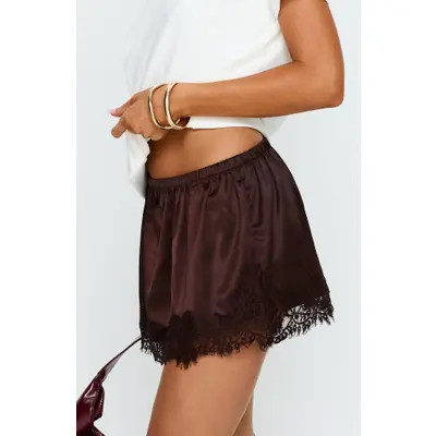 Princess Polly Orlynn Satin Lace Trimmed Shorts in Brown at Nordstrom, Size 2 | Nordstrom
