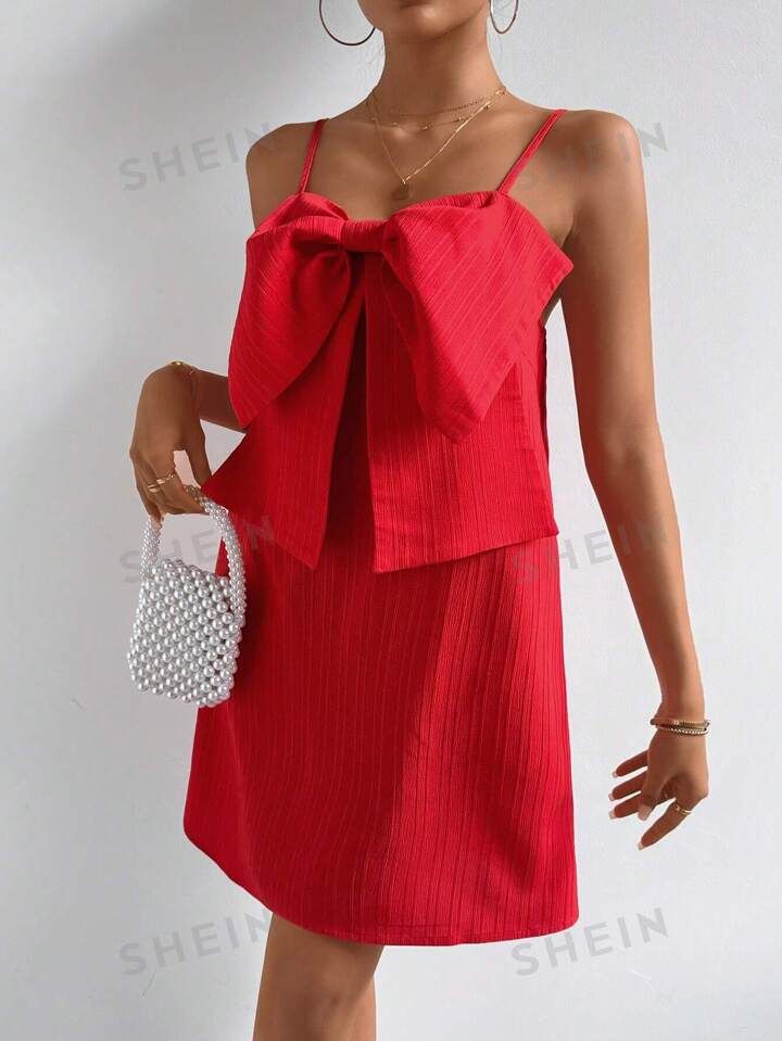 SHEIN Privé Women'S Solid Color Bowknot Decorated Spaghetti Strap Dress | SHEIN