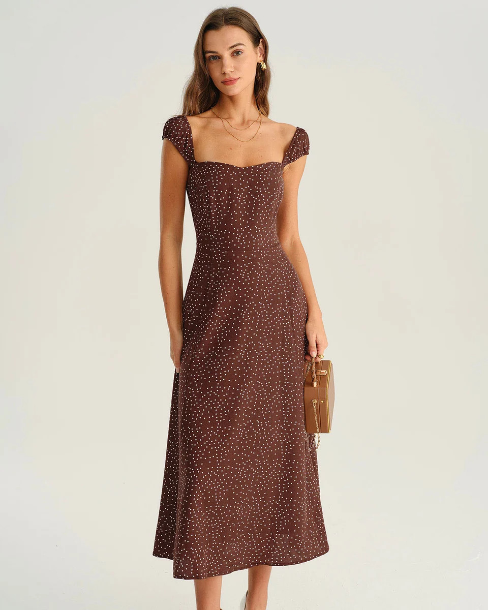 Brown Polka Dot Cap Sleeve Midi Dress | rihoas.com