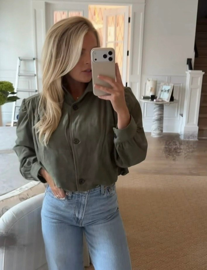 Madison LeCroy’s Green Suede Jacket  Sweetness meets swagger in a faux suede jacket designed in a blouson silhouette and accented with gently gathered detailing. 📸 = @madisonlecroy