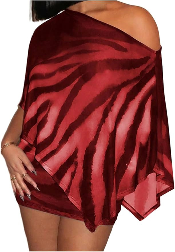 Verdusa Women's 2 Piece Rave Outfits Animal Print Off Shoulder Poncho Top with Boydcon Skirt Matc... | Amazon (US)