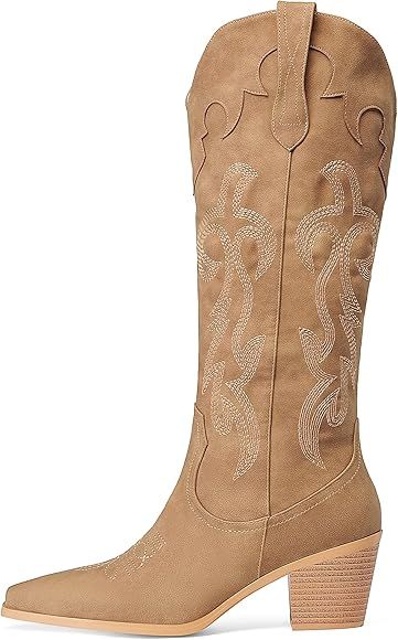 Oh Mispares Women's Western Style Knee High Cowgirl Boots Embroidered Wide Calf Pointed Toe Chunk... | Amazon (US)