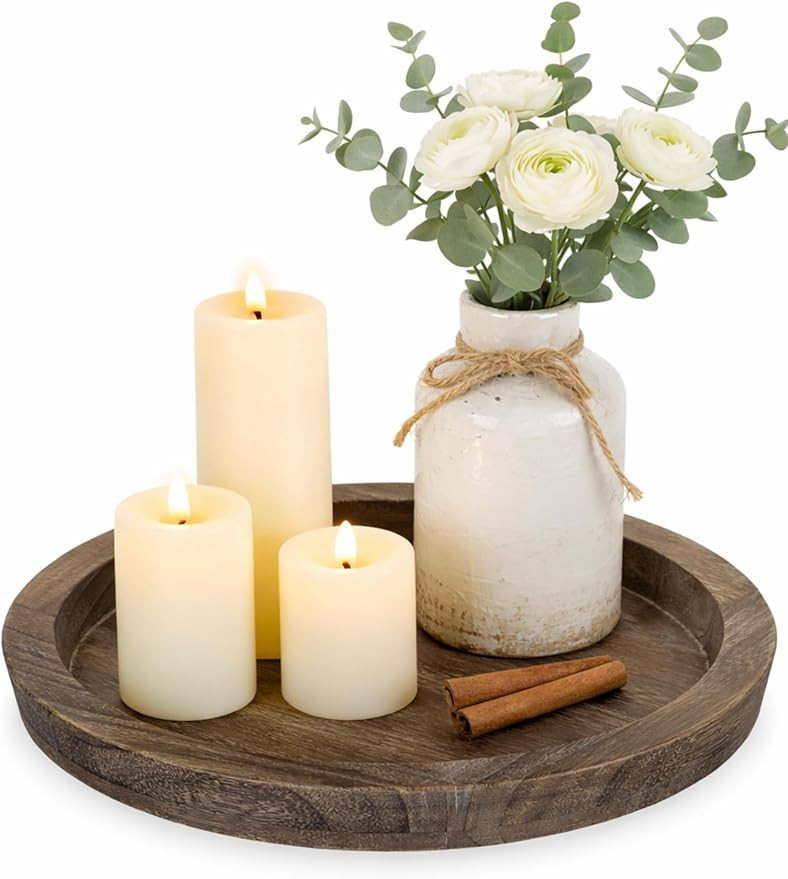 Hanobe Candle Plate Holder Tray: Round Wood Decorative Candle Plate - Rustic Farmhouse CoffeeTabl... | Amazon (US)