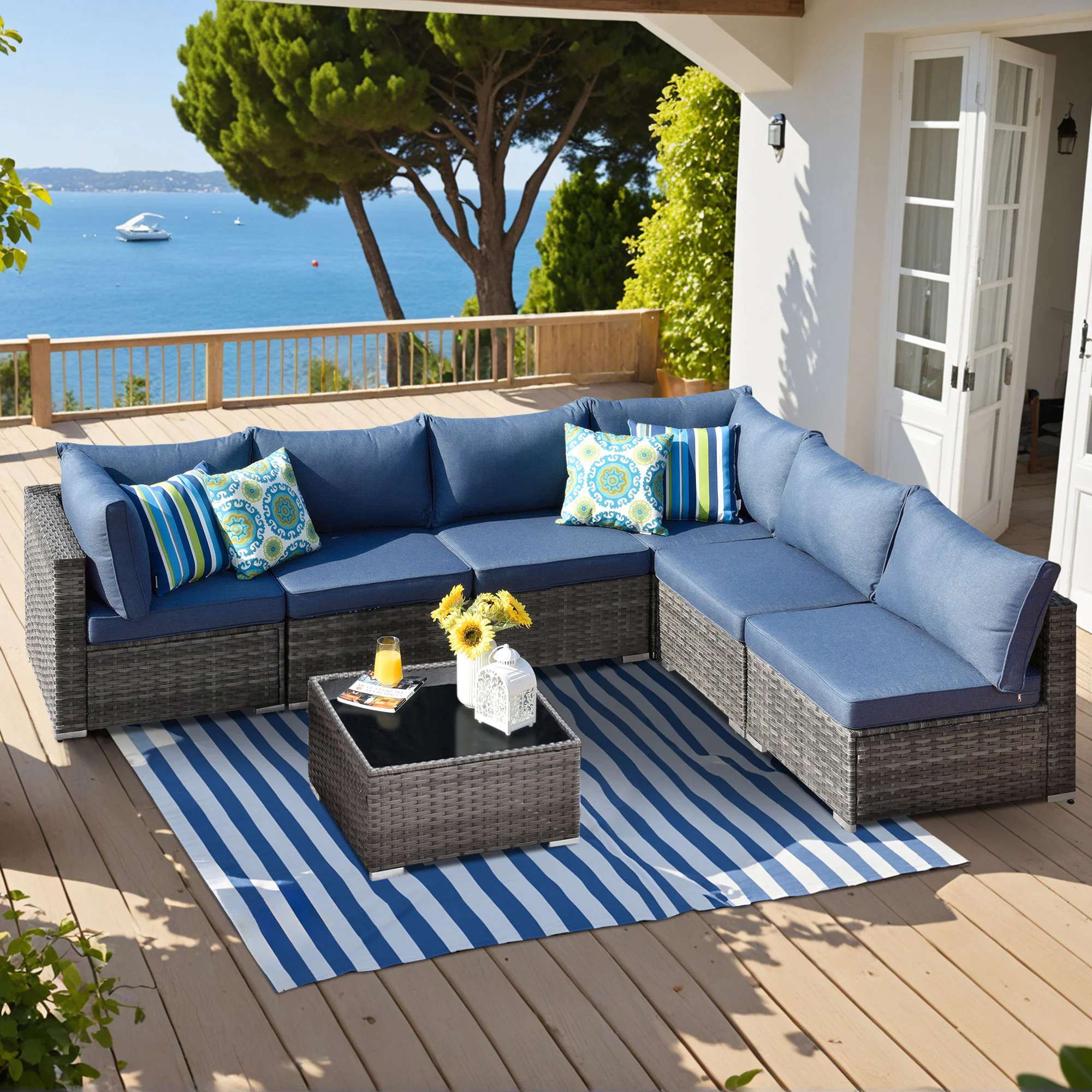 Ovios Wicker Outdoor Sectional with Blue Cushions and Iron Frame one_size | HP307 | Lowe's