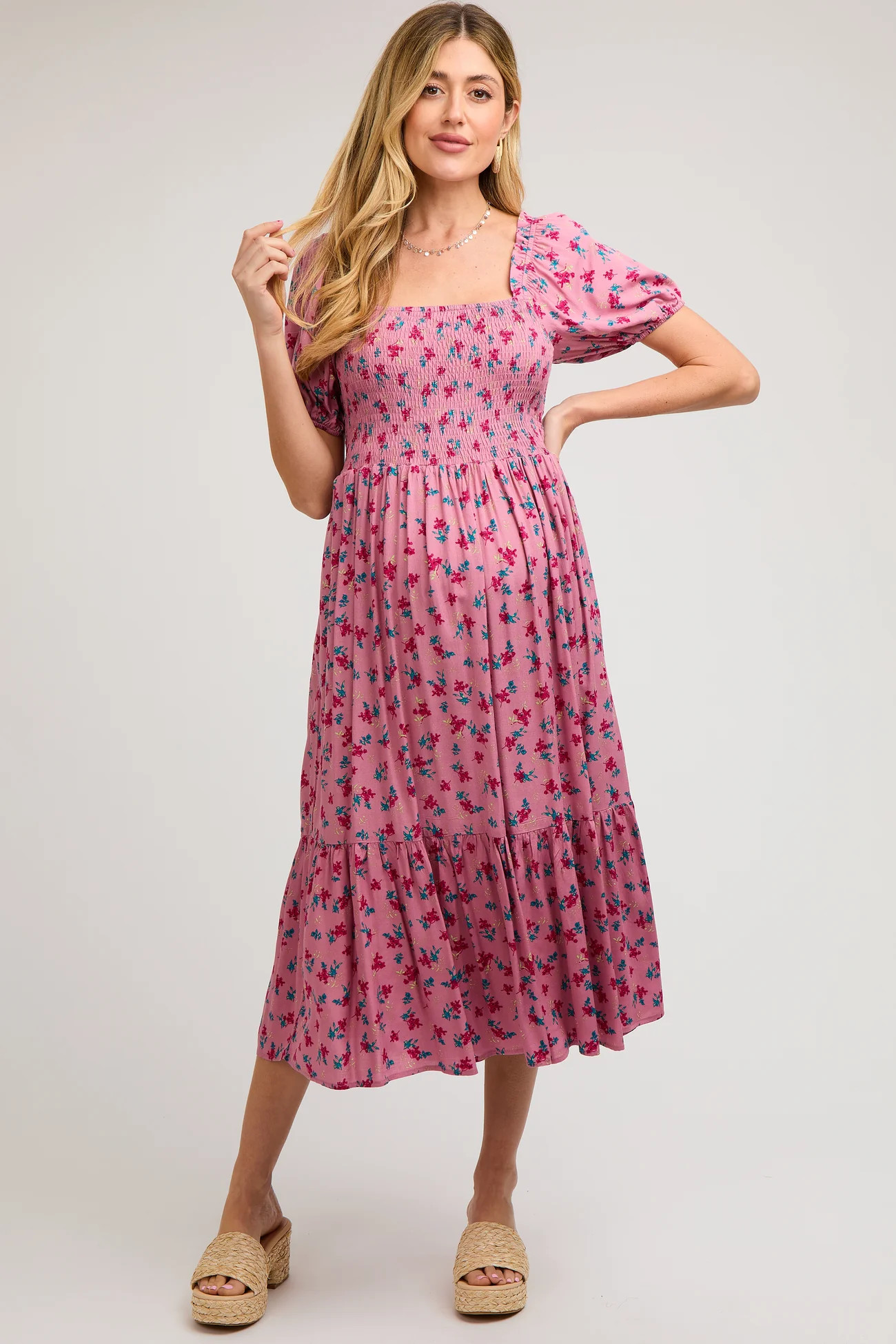 Pink Floral Smocked Short Sleeve Maternity Midi Dress | PinkBlush Maternity