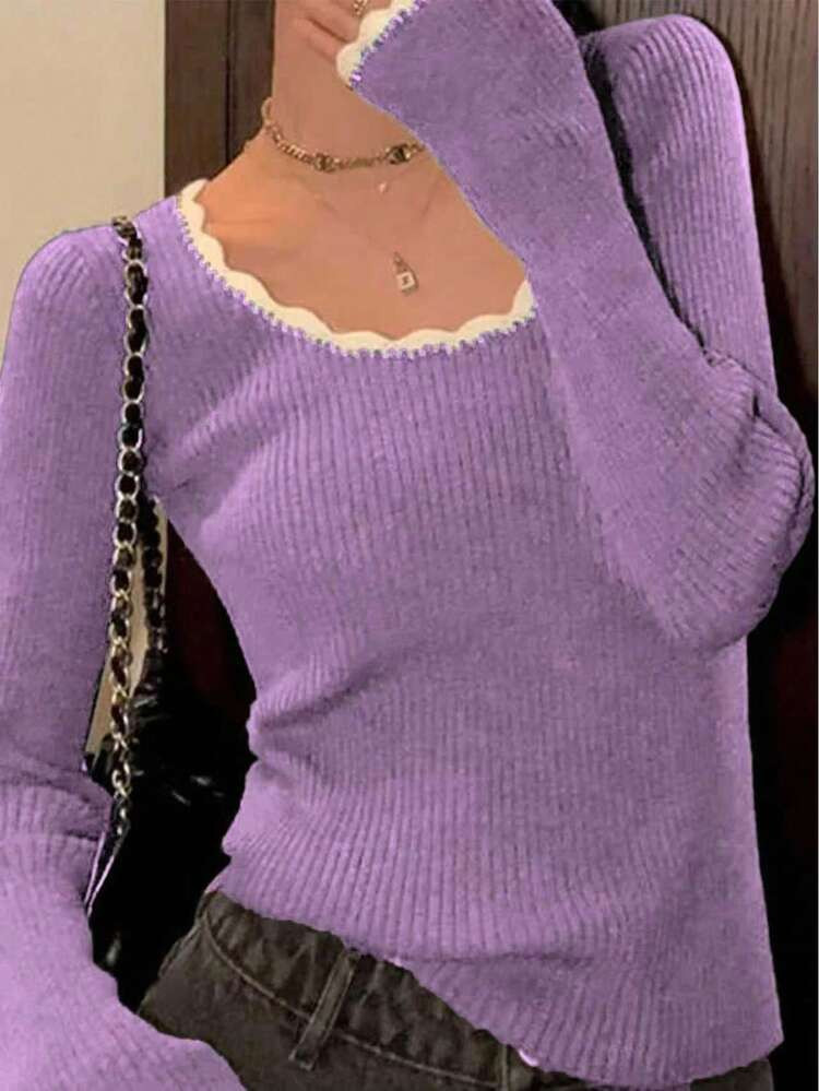 INAWLY Women's Casual Everyday Versatile Contrast Scallop Edge Fitted Sweater, Autumn | SHEIN