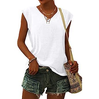WNEEDU Womens 2023 T Shirts Petal Sleeve V Neck Casual Tees Summer Basic Tops | Amazon (CA)