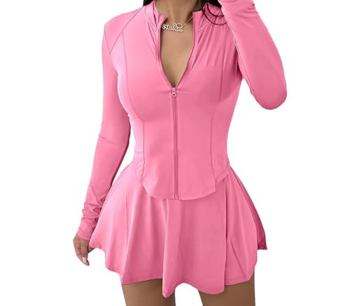 Vssjavun Women 2 Piece Mini Skirt Sets with Long Sleeve Zipper Workout Jacket Sweatsuit Tracksuit Tennis Outfits Pink S | Amazon (US)
