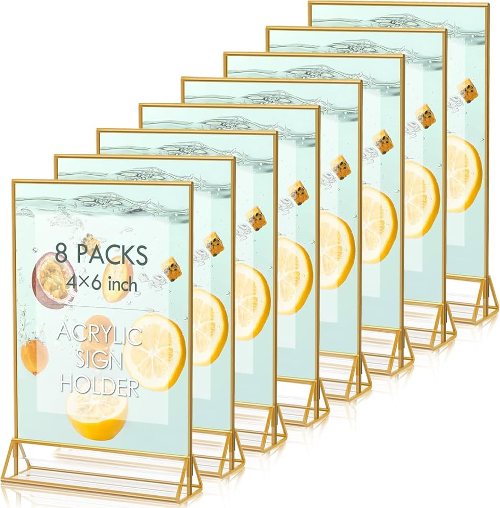 8 Pack Acrylic Sign Holder 4x6 Table Number Holders with Golden Border, Double-Sided Clear Sign H... | Amazon (US)