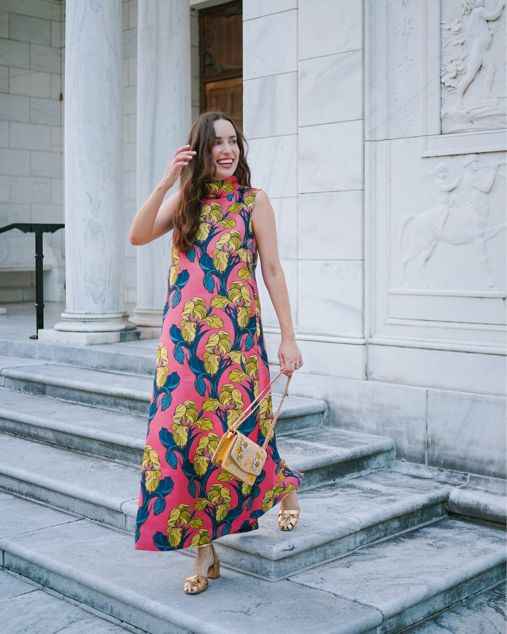 Fall wedding guest dress, fall black tie dress, BURU Jacquard gold and coral dress for Dillards with Bernardo gold heels and a floral Tory Burch purse.

#LTKWedding