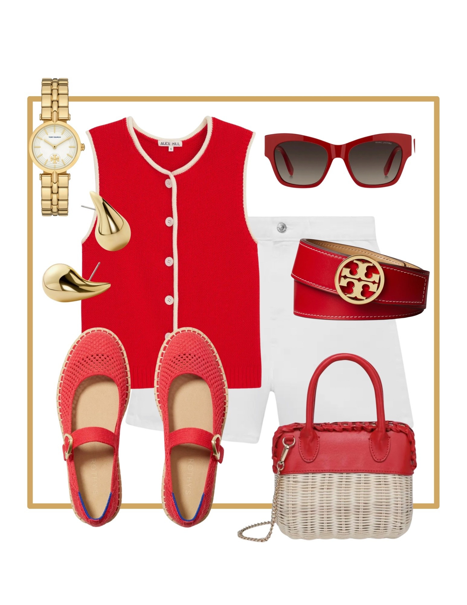Casual everyday classy summer outfit. White denim shorts. Red button vest. Red raffia straw purse bag. Red mary jane sandal shoes. Red Tory Burch belt. Red sunglasses. Gold watch. Gold teardrop earrings

#LTKItBag #LTKWorkwear #LTKShoeCrush