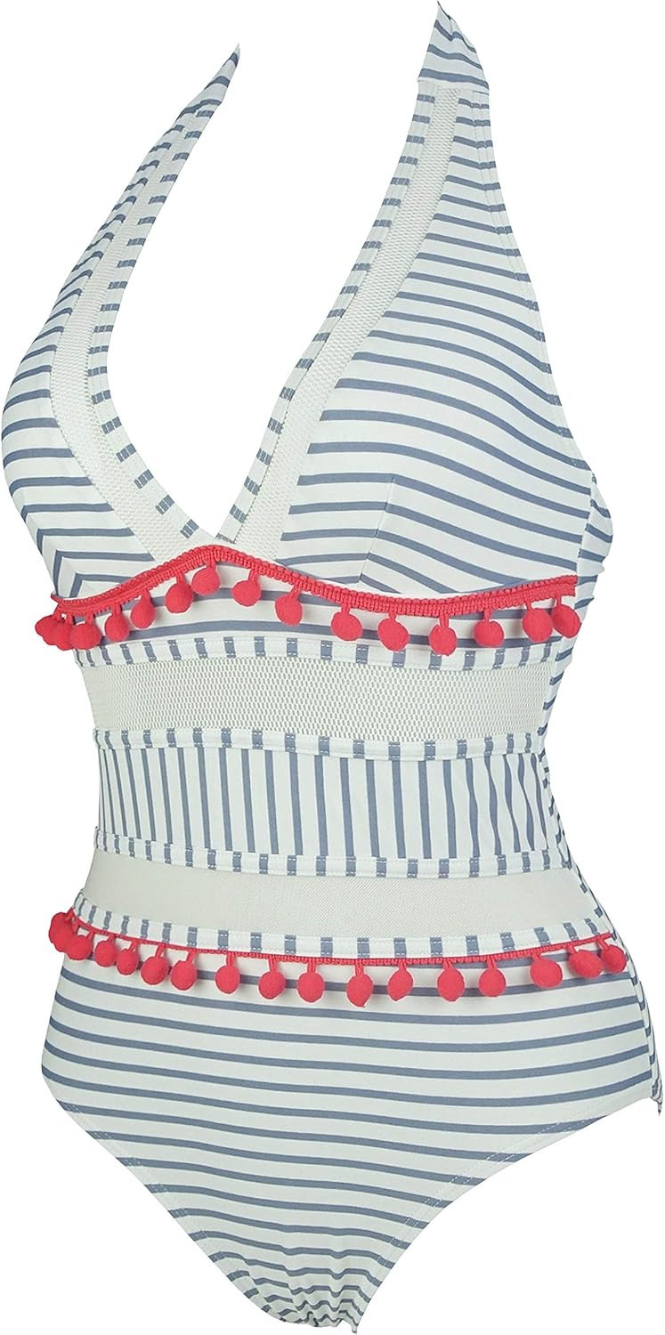 COCOSHIP Women's Plunging Neck Striped Mesh One Piece Backless Bather Swimsuit Pom Pom Tassel Swi... | Amazon (US)