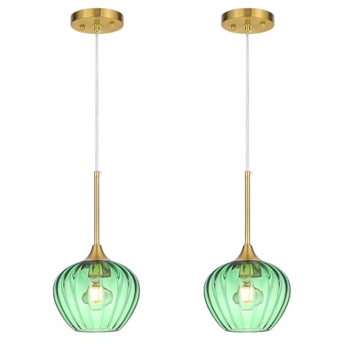 QianZhan 2Pack Green Glass Pendant Light, 7" Modern Glass Pendant Lighting Vintage Green Ceiling Fixtures Mini Hanging Lamp for Kitchen Island Dining Room Restaurant Bar Bedroom | Amazon (US)