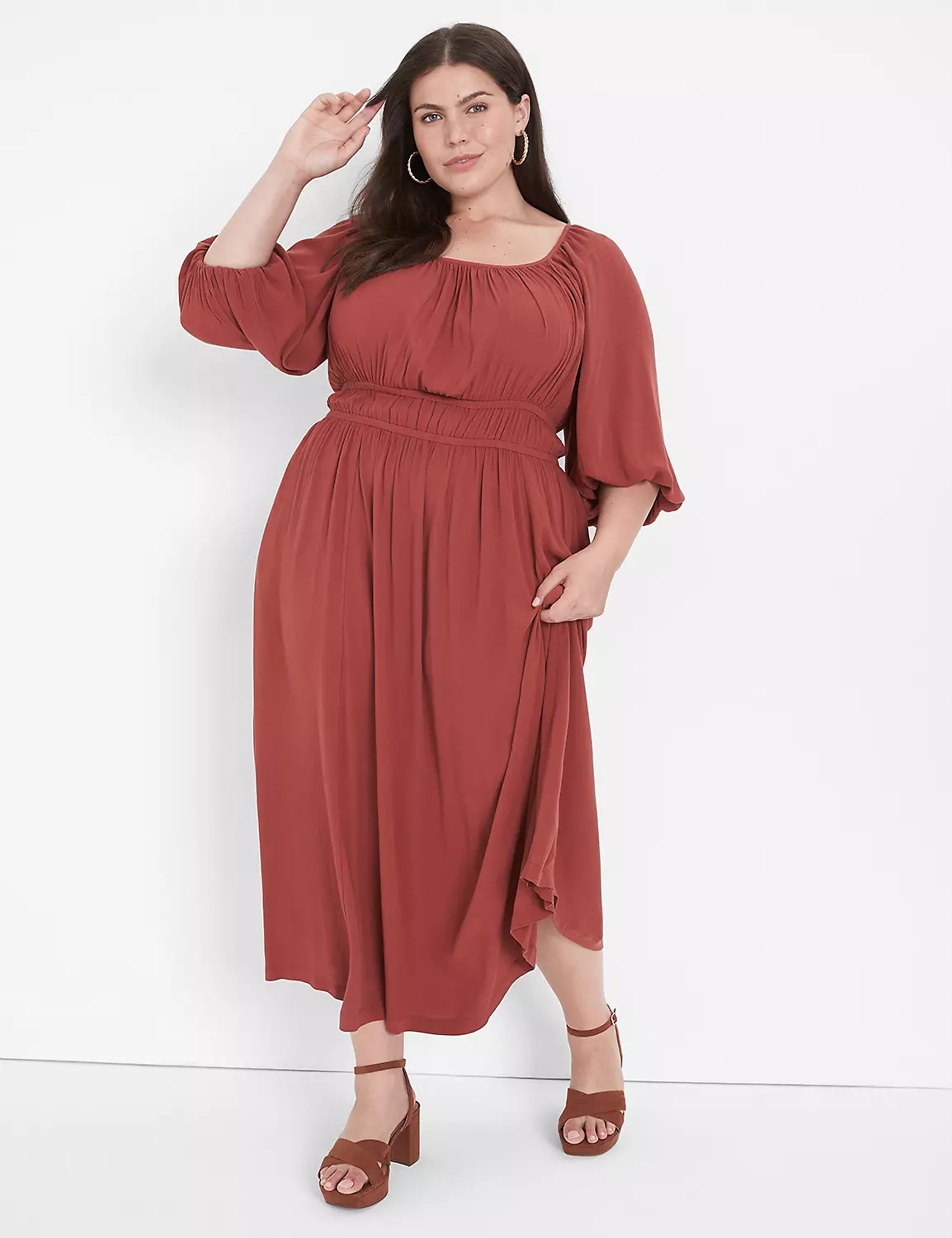 Square-Neck Blouson-Sleeve Midi Dress | LaneBryant | Lane Bryant (US)