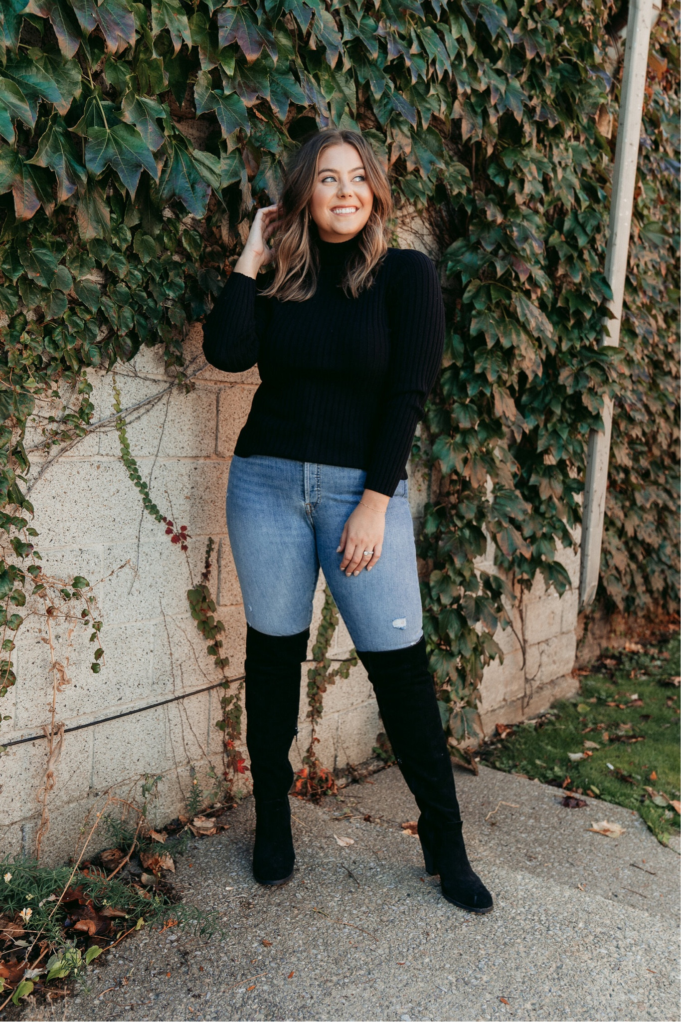 Black turtleneck denim thigh-high boots outfit, wearing XL in the ribbed sweater and 32 in the jeans. Fall outfit inspiration. Denim outfit. Amazon fashion 

#LTKstyletip #LTKunder100 #LTKSeasonal