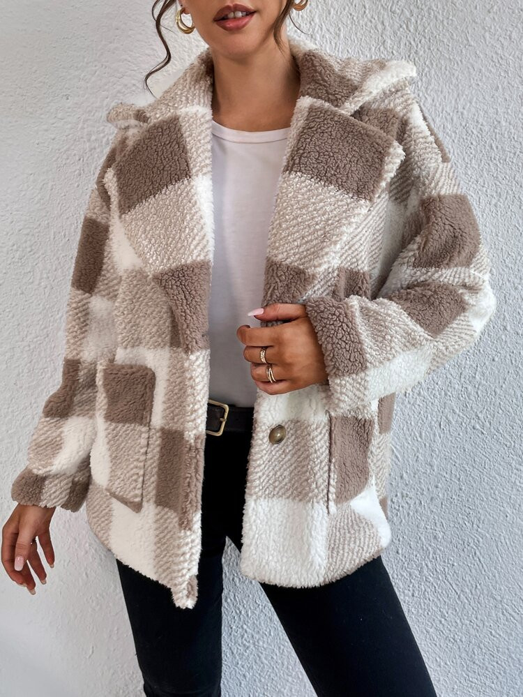 Neu
     
      Teddy Mantel mit Plaid Muster, zwei Taschen, Drop Shoulder | SHEIN