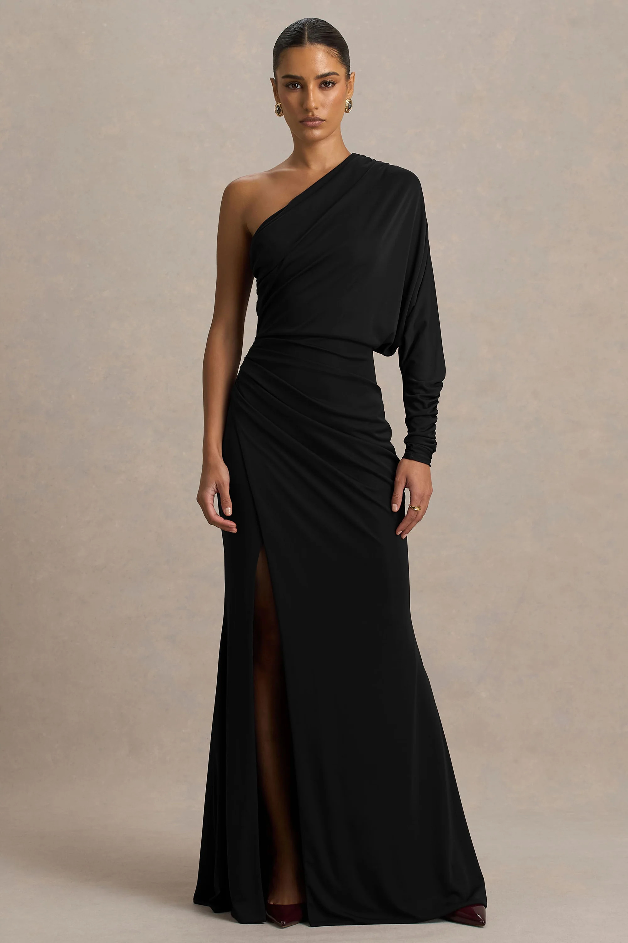 Lola | Black Asymmetric-Neck Maxi Dress With Ruched Detailing And Front High-Split | Club L London