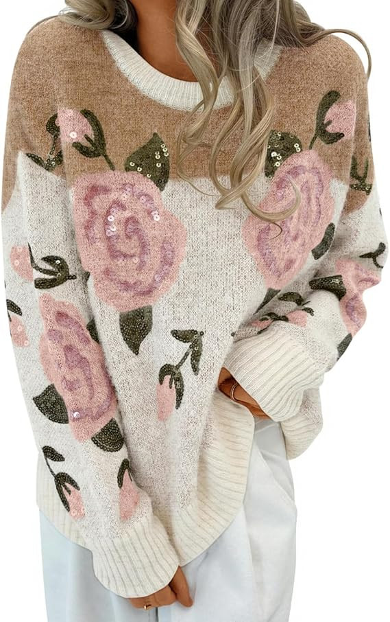 ZESICA Women's Floral Oversized Sweaters 2025 Fall Crewneck Long Sleeve Casual Chunky Knit Pullov... | Amazon (US)