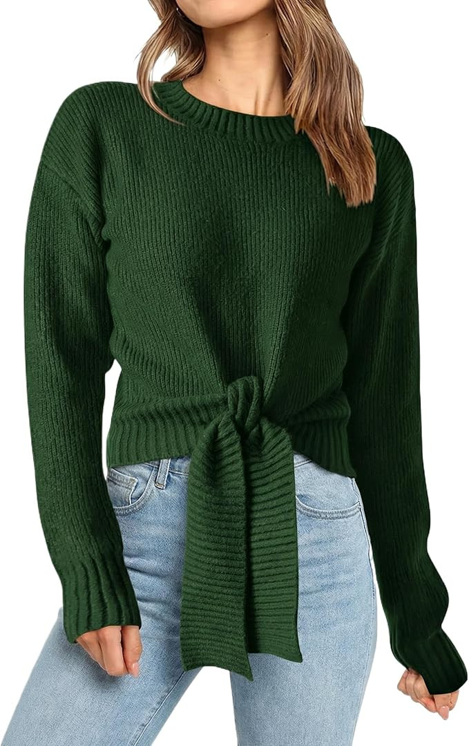 Okiwam Women's Long Sleeve Cropped Sweaters Casual Knit Pullover Tie Front Crew Neck Fall Outfits... | Amazon (US)
