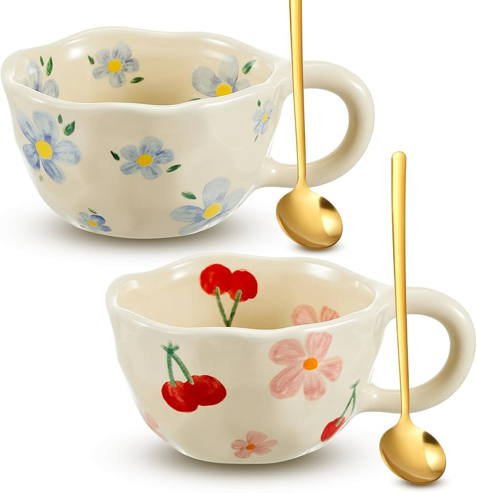 Vesici 2 Pcs Ceramic Coffee Mugs Flower Mugs with Spoon Vintage Floral Mugs with Handle 8.5 oz Cu... | Amazon (US)