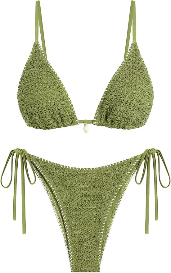 ZAFUL Women's Triangle Bikini Set Crochet String Cheeky Swimsuit Sexy Halter Lace 2 Piece Bathing... | Amazon (US)
