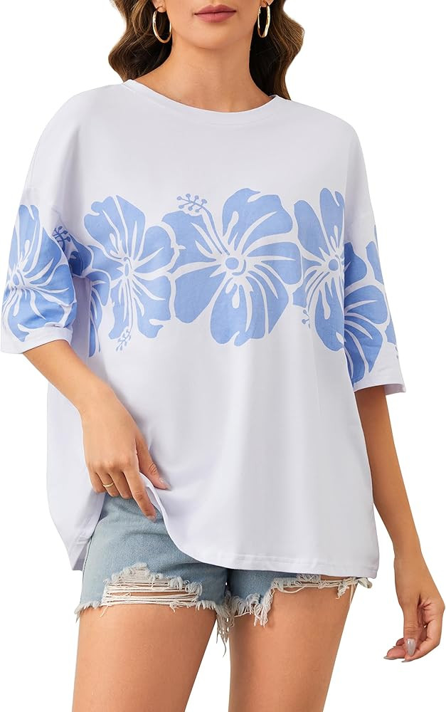 Cotton Oversized Hibiscus Tee Shirt for Women Floral Graphic Hawaiian T Shirts Casual Summer Vaca... | Amazon (US)