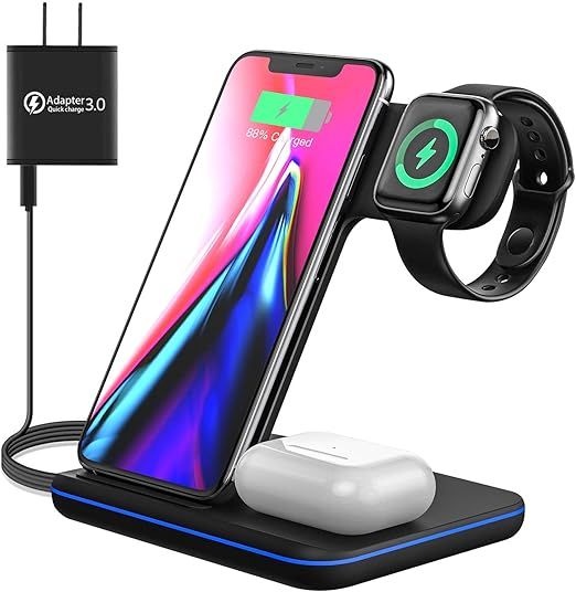 Wireless Charging Station, 3 in 1 Qi Charger for Apple Watch 1/2/3/4/5/SE/6 Airpods 2/pro Wireles... | Amazon (US)