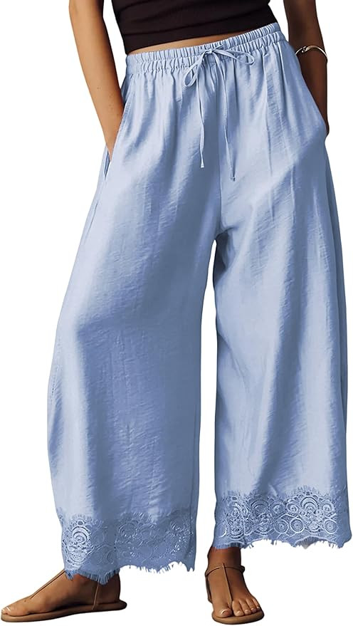 Lviefent Womens Wide Leg Pants Casual Elastic Waist Cropped Lace Hem Pants Summer Beach Trousers ... | Amazon (US)