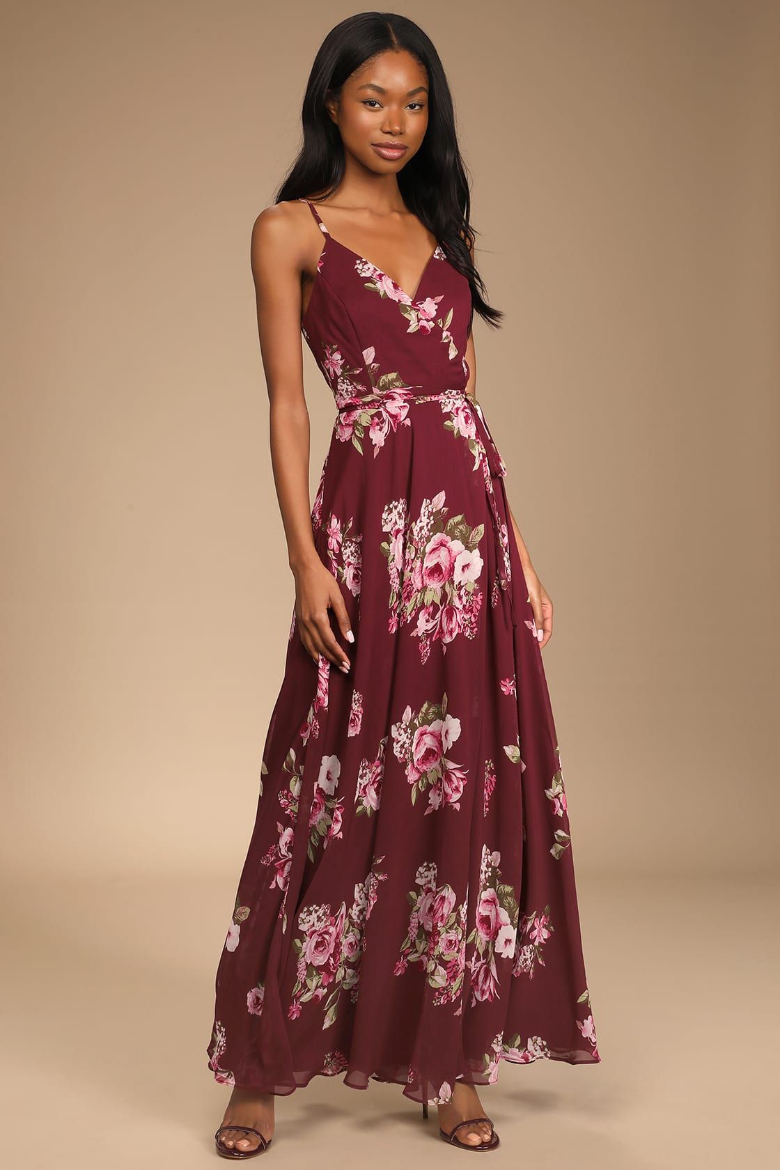Elegantly Inclined Burgundy Floral Print Wrap Maxi Dress | Lulus (US)
