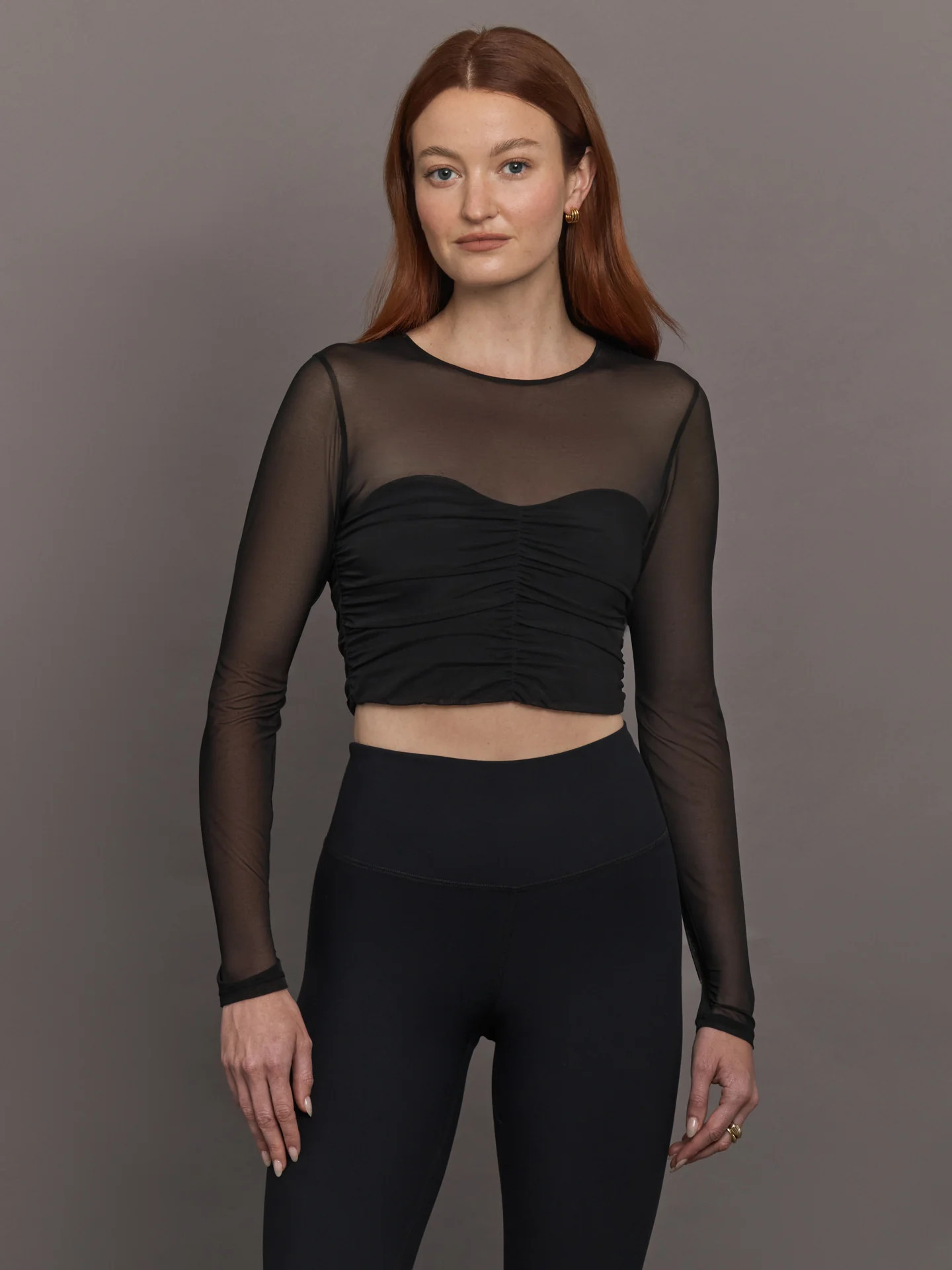 Carbon38 Ruched Mesh Long Sleeve Top In Melt - Black - Size M | Carbon38