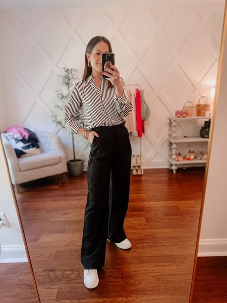 Casual work outfit idea- stripe button down- best trousers from abercrombie- the most comfortable platform sneakers 

#LTKFind #LTKworkwear #LTKunder100