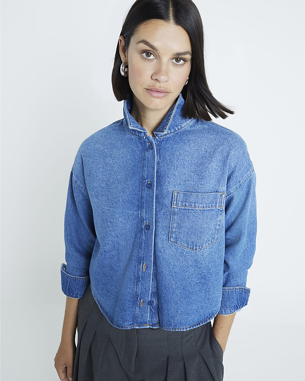 Blue denim Cropped shirt | River Island (UK & IE)