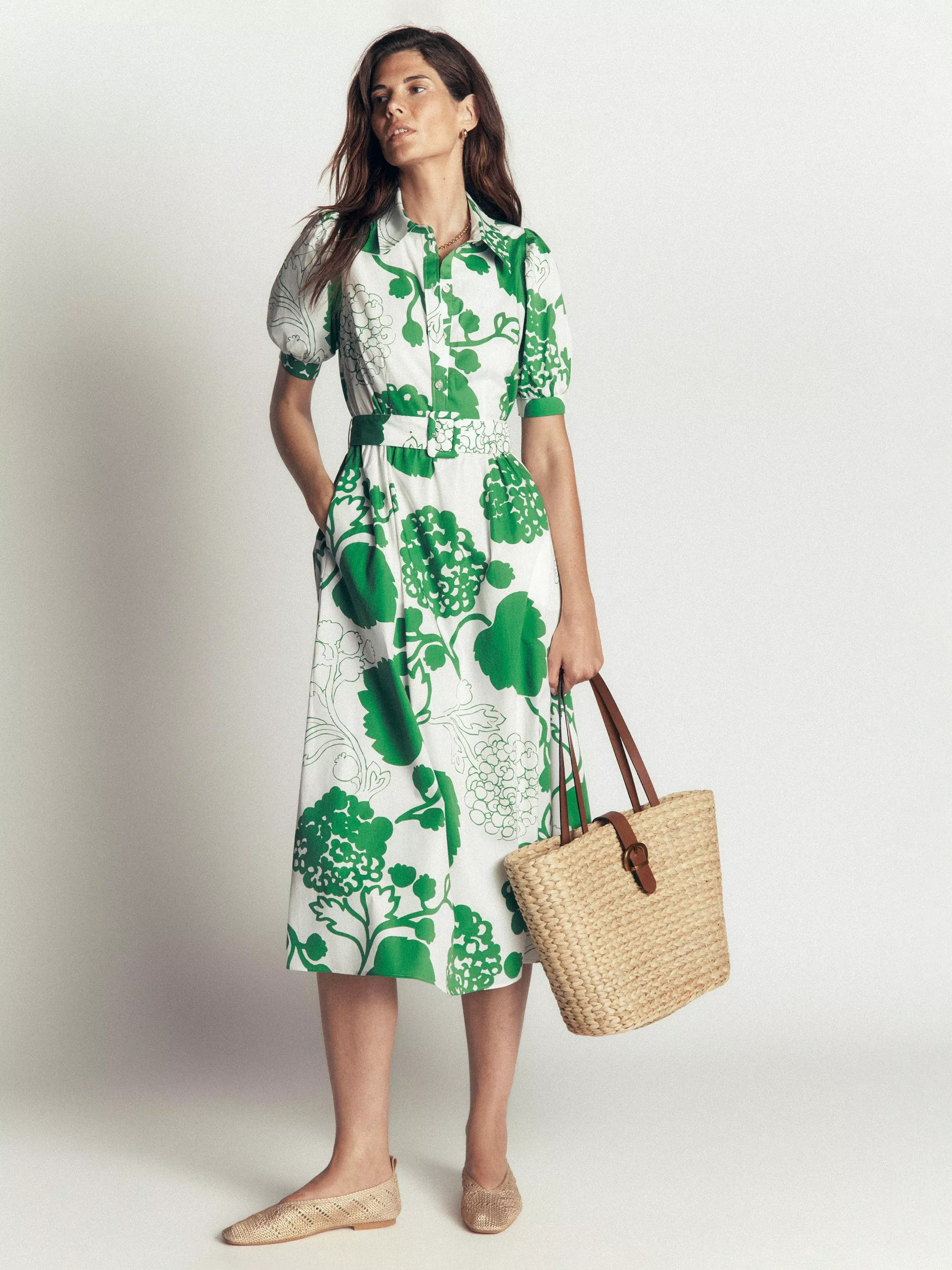 Cotton Floral Print Belted Midi Dress, Ivory/Green | John Lewis (UK)