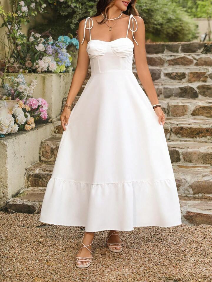 SHEIN VCAY Women's Solid Color Ruffled Hem Casual Summer Cami Dress | SHEIN