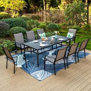 Black 9-Piece Metal Slat Rectangle Table Outdoor Patio Dining Set with Textilene Chairs | The Home Depot