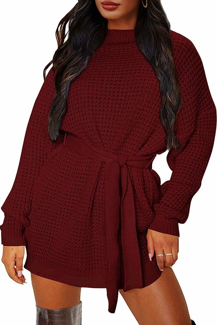 ZESICA Women's Long Sleeve Solid Color Waffle Knitted Tie Waist Tunic Pullover Sweater Dress | Amazon (US)