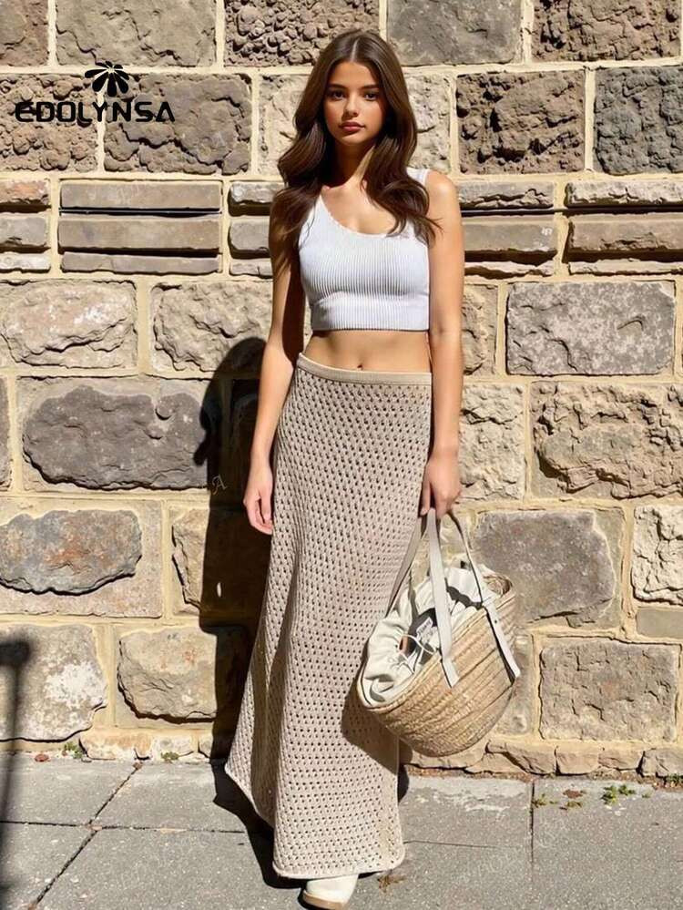 Solid Versatile Knit Beach Skirt 2025 Summer Swimwear Bikini Cover Up | SHEIN