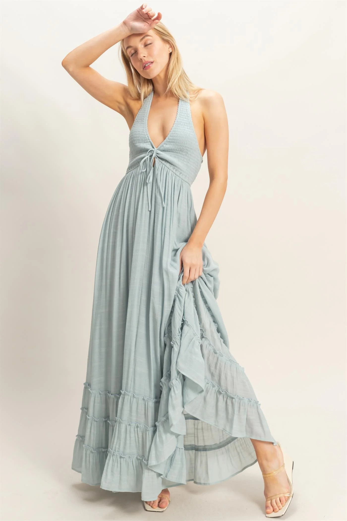 Light Blue Halter Neck Smocked Maxi Dress | PinkBlush Maternity